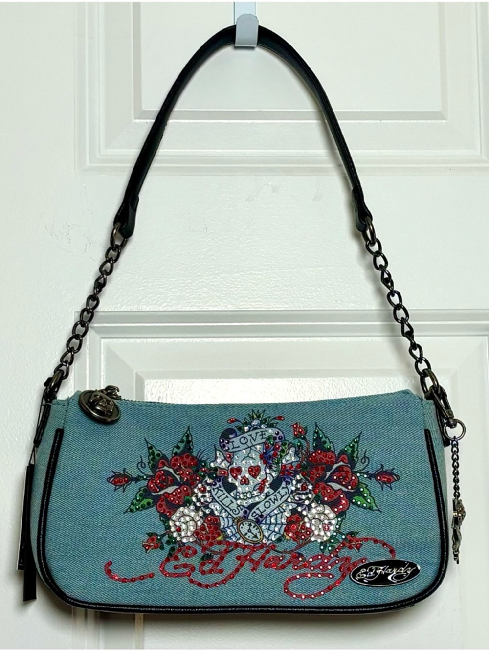 Ed Hardy Denim “Love Kills Slowly” Crystal Embellished Shoulder Handbag